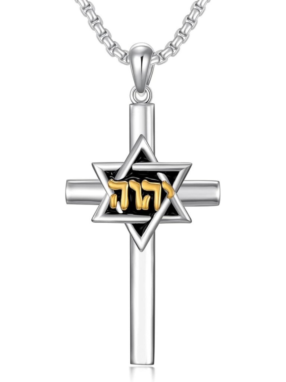 Sterling Silver Star of David Cross Necklace for Men, 22" Stainless Steel Chain